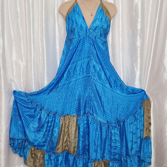 Boho Blue & Gold Backless Halter Maxi Dress OneSize - Picture 6 of 7